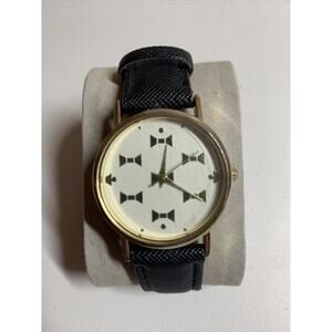 Women Watch Gold Tone Bowtie Dial White Black Leather Band